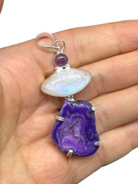 Amethyst Rainbow Moonstone Crystal Druzy Pendant 925 Sterling Silver Overlay